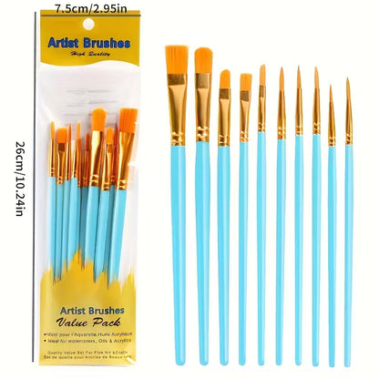 Nylon Artist Brushes for Acrylic, Watercolor, Oil Painting - set of 10