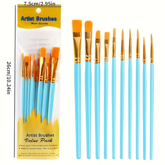 Nylon Artist Brushes for Acrylic, Watercolor, Oil Painting - set of 10