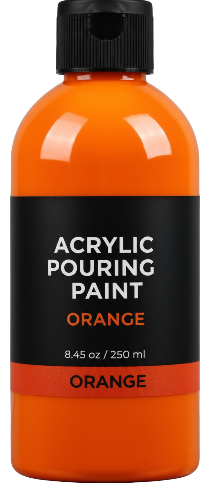 Orange bottle of acrylic pouring color with black cap and label