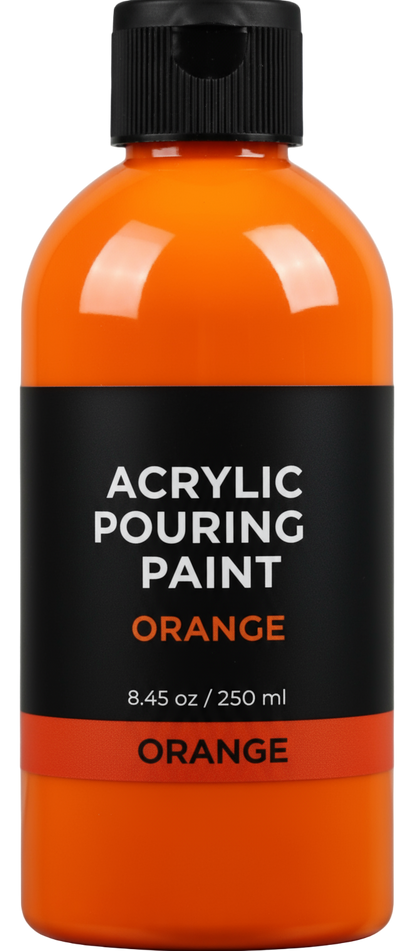 Orange bottle of acrylic pouring color with black cap and label