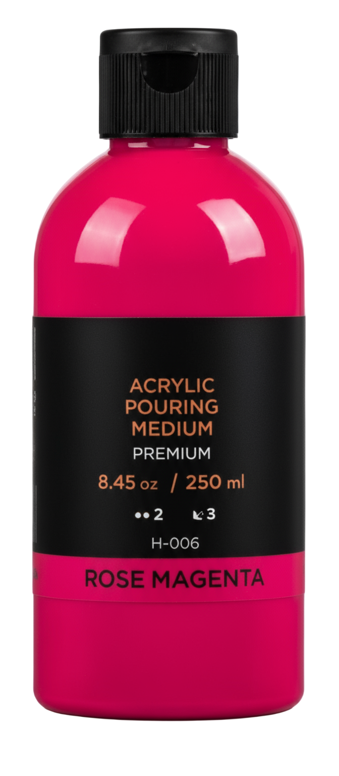 Pink bottle of acrylic pouring colors with black cap on a white background