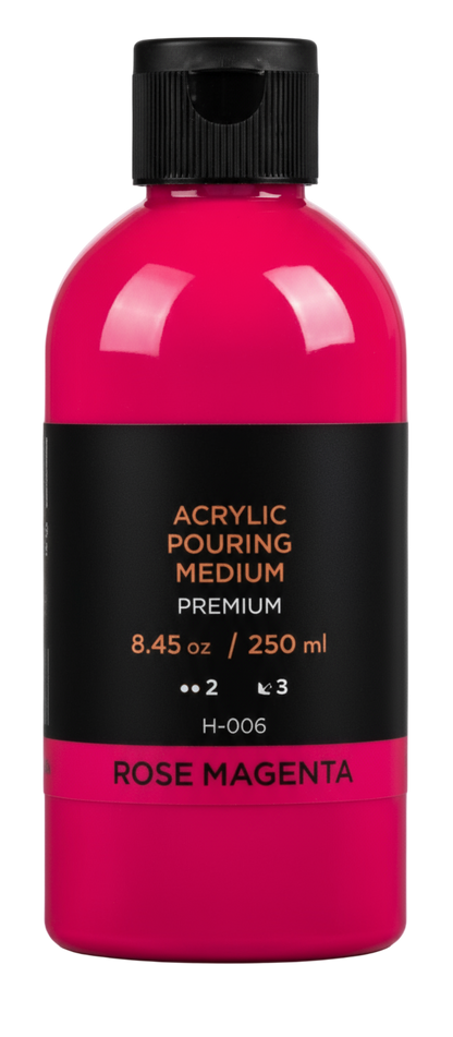 Pink bottle of acrylic pouring colors with black cap on a white background