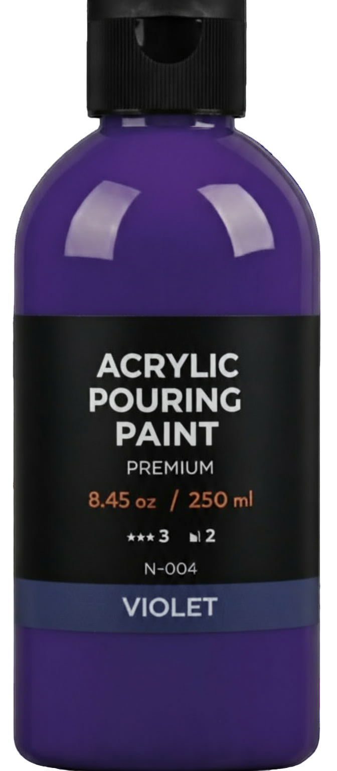 Purple bottle of acrylic powder color with black cap on a white background
