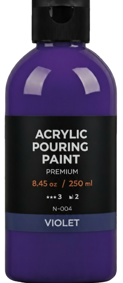 Purple bottle of acrylic powder color with black cap on a white background