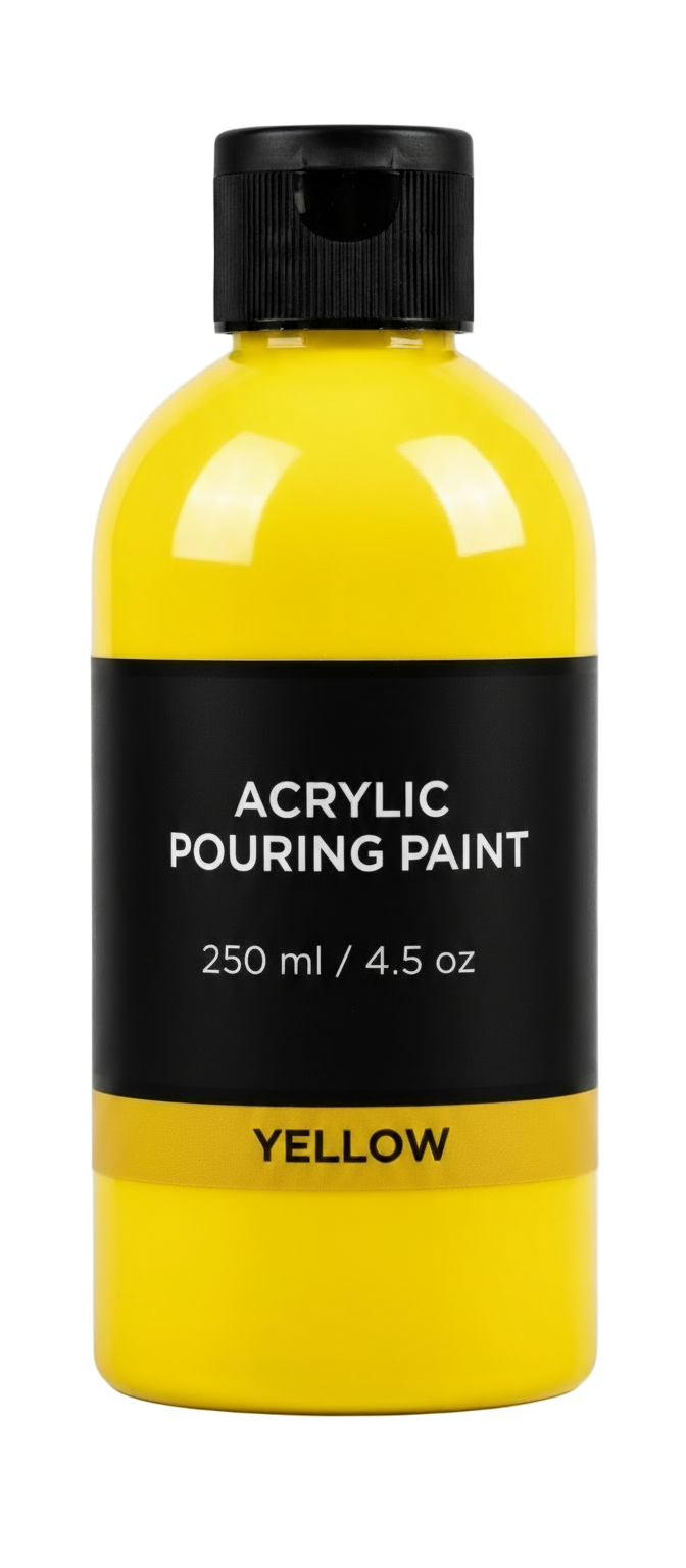 Yellow bottle of acrylic pouring color with black cap