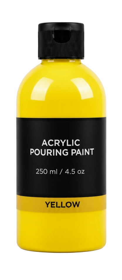 Yellow bottle of acrylic pouring color with black cap